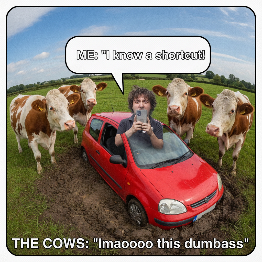 GPS said 'turn left in 500 feet.' We turned left. We are now in a cow pasture. Send help.