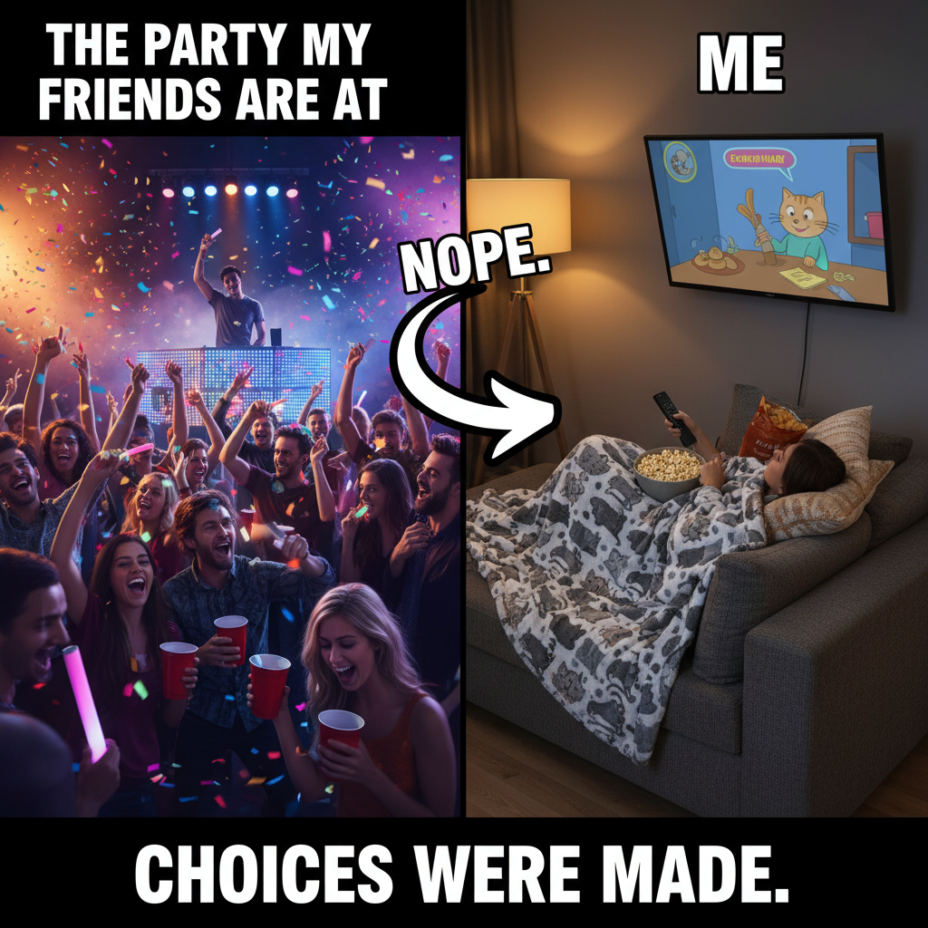 Friday night plans: wild party. Friday night reality: wild party... of one, with snacks and Netflix.