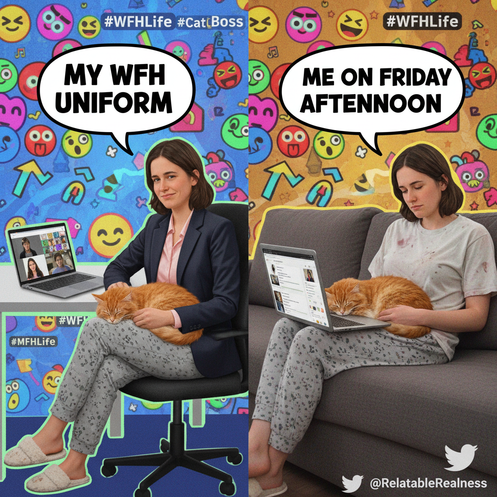 My 'work from home' outfit is 50% professional, 50% pajamas. The camera angle is key.