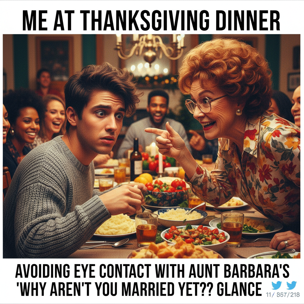 My aunt just asked if I'm still single at the holiday dinner. It's only 6 PM. Send help.