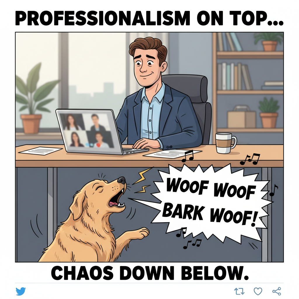 My coworker's camera is off, but I can hear their dog barking. Peak WFH vibes. 🐶