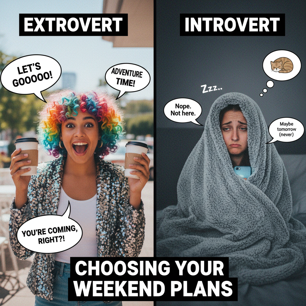Extrovert: 'Let's go out!' Introvert: *already in pajamas, pretending to be asleep*