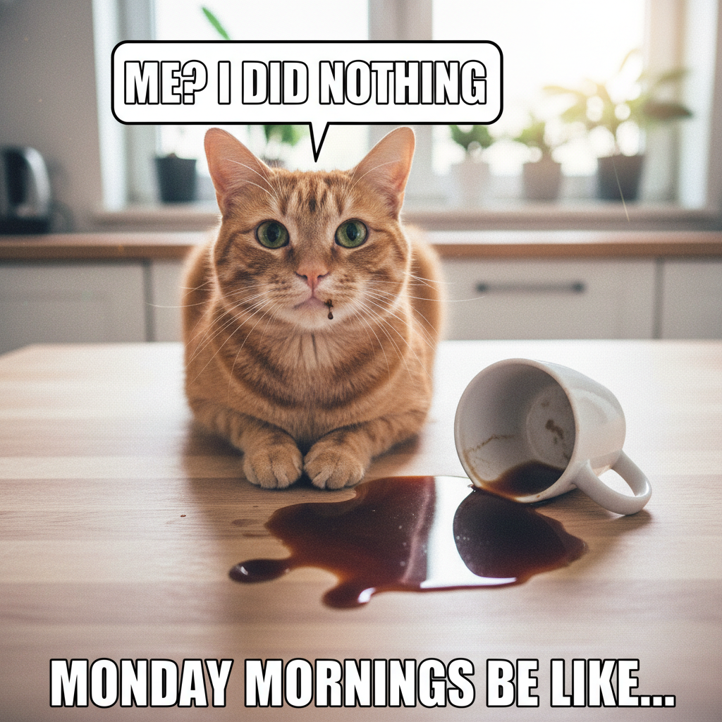 My cat just knocked my coffee over, then demanded head scratches. The audacity.