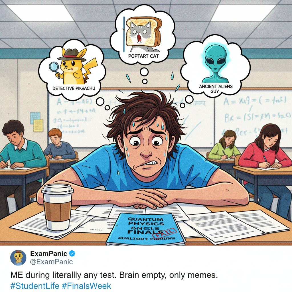 My brain during exams: 'Remember that meme from 2017?' Me: 'YES!' The actual answer: '...no.'
