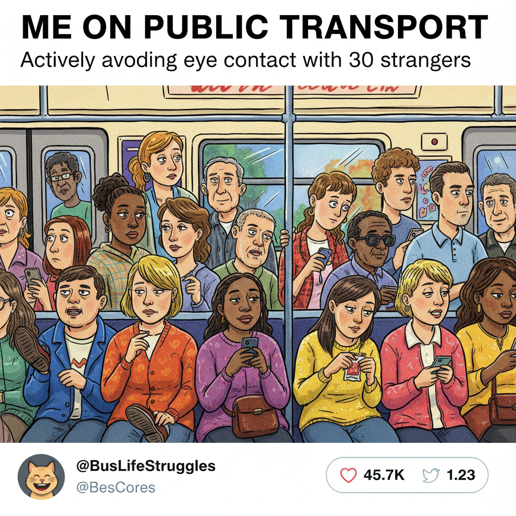 Public transport is just a social experiment to see how many strangers you can avoid eye contact with.