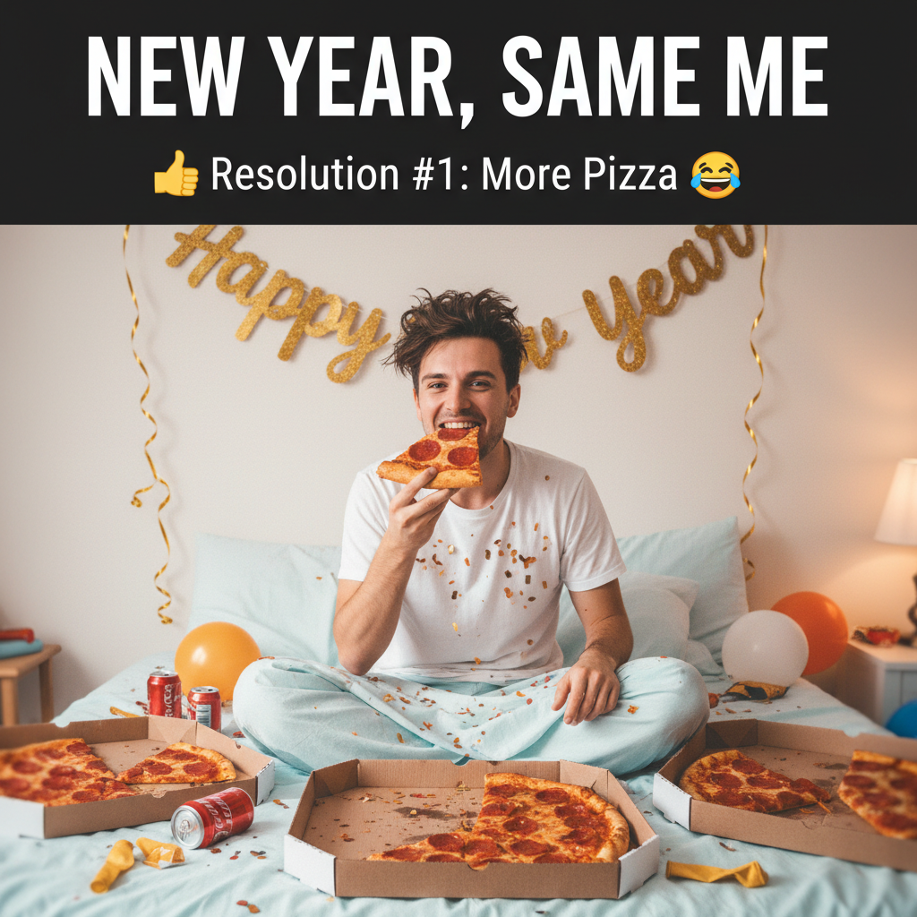 My New Year's resolution was to be healthier. It's January 3rd and I'm eating pizza in bed. Nailed it.