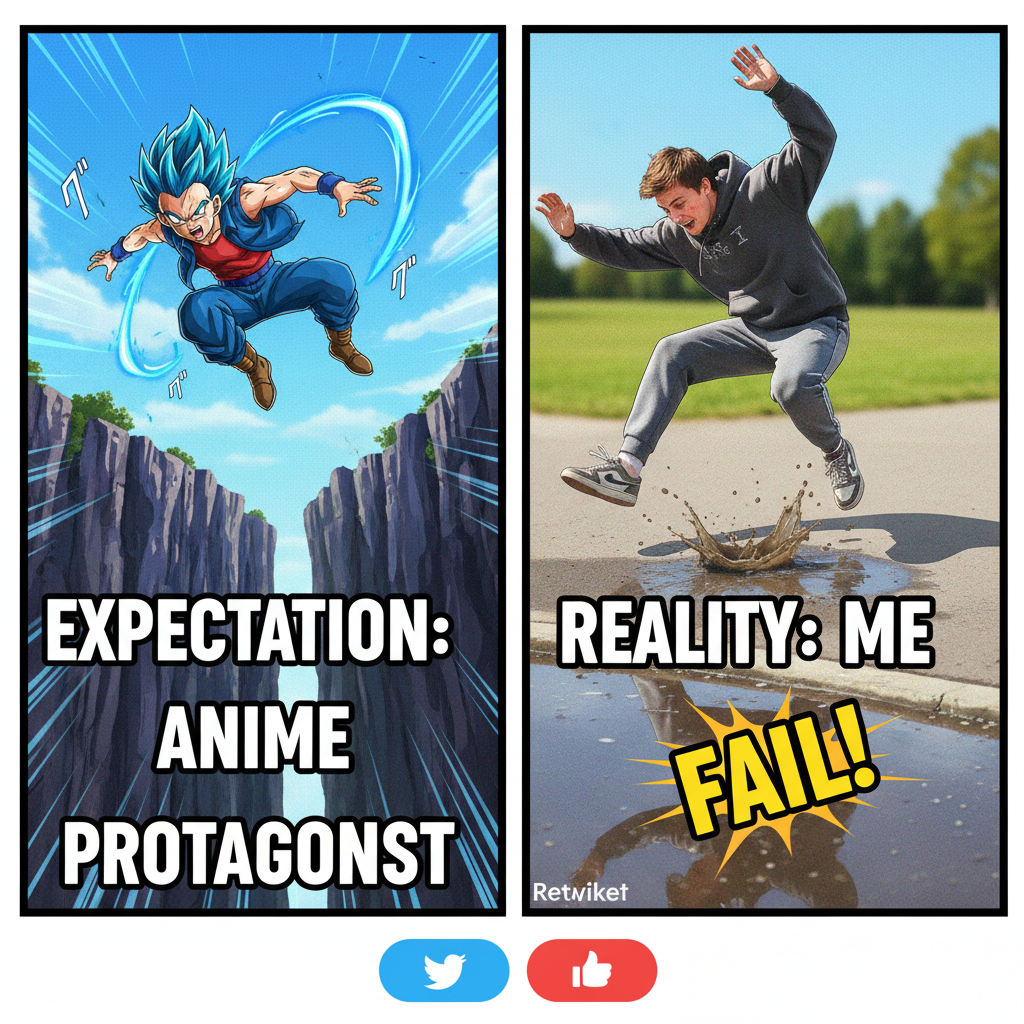 Me trying to use anime logic in real life: 'I can definitely jump that gap.' *faceplants*