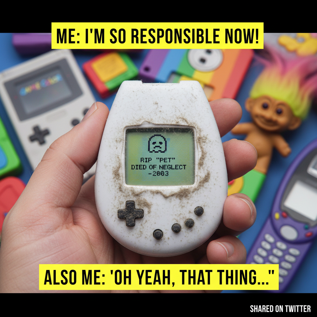 Finding my old Tamagotchi in a box of childhood stuff. The existential dread of all those virtual pets I let die.