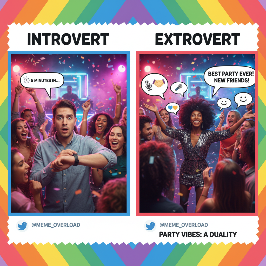 Introvert at a party vs. Extrovert at a party. One is thriving, the other is planning their escape route.