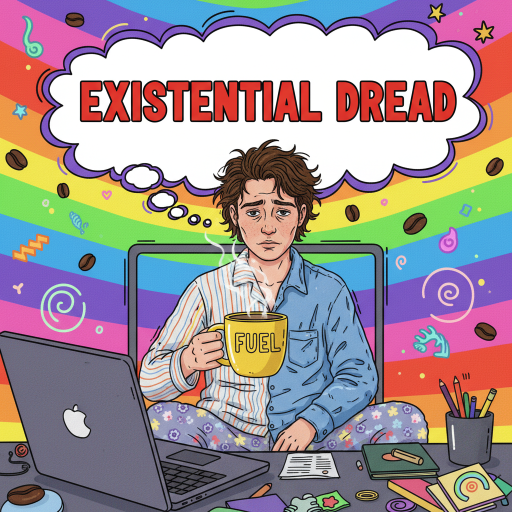 My WFH uniform is 50% pajamas, 50% existential dread. Productivity levels are 100% coffee.