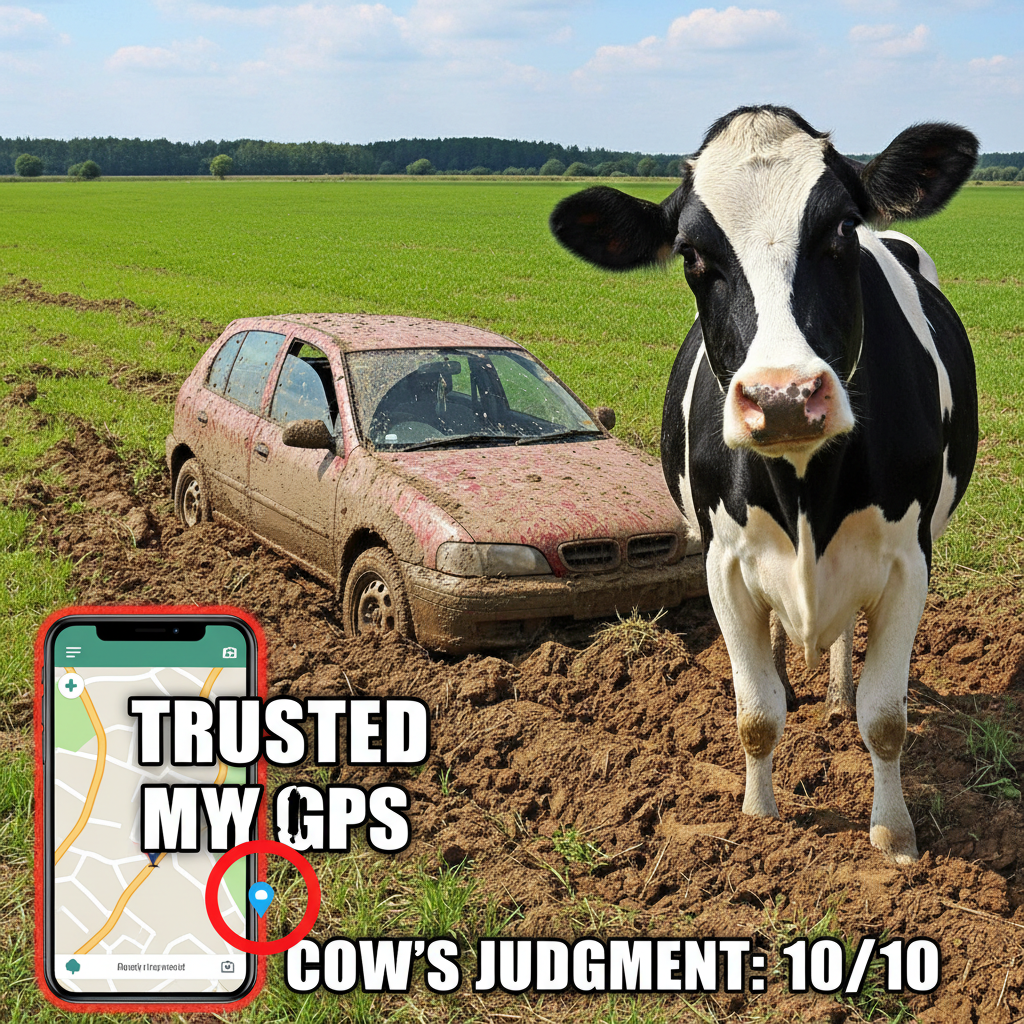 GPS said 'turn left.' I turned left. Now I'm in a field with a cow judging my life choices.
