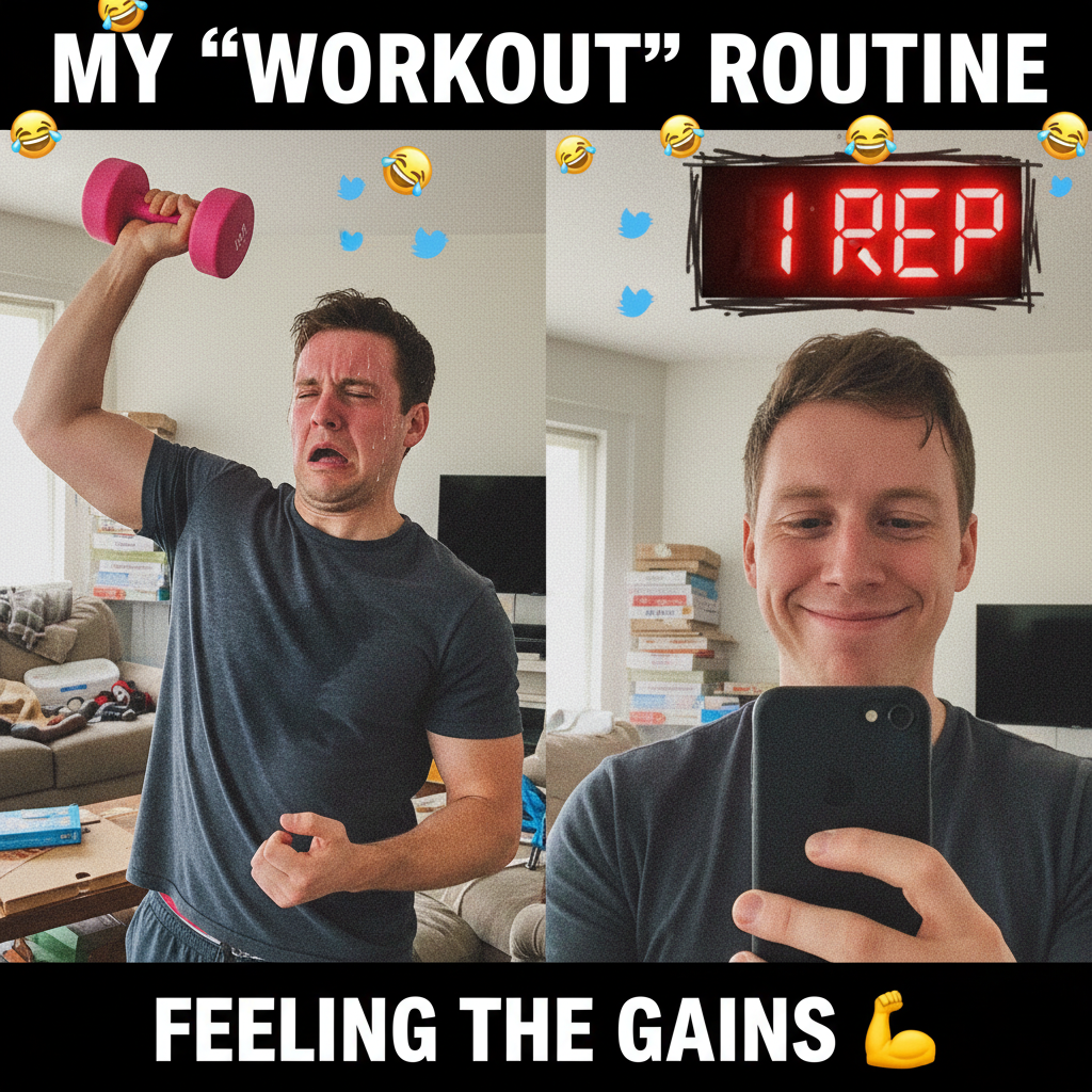 Went to the gym. Did one rep. Now I'm documenting my struggle for internet points. #FitnessJourney