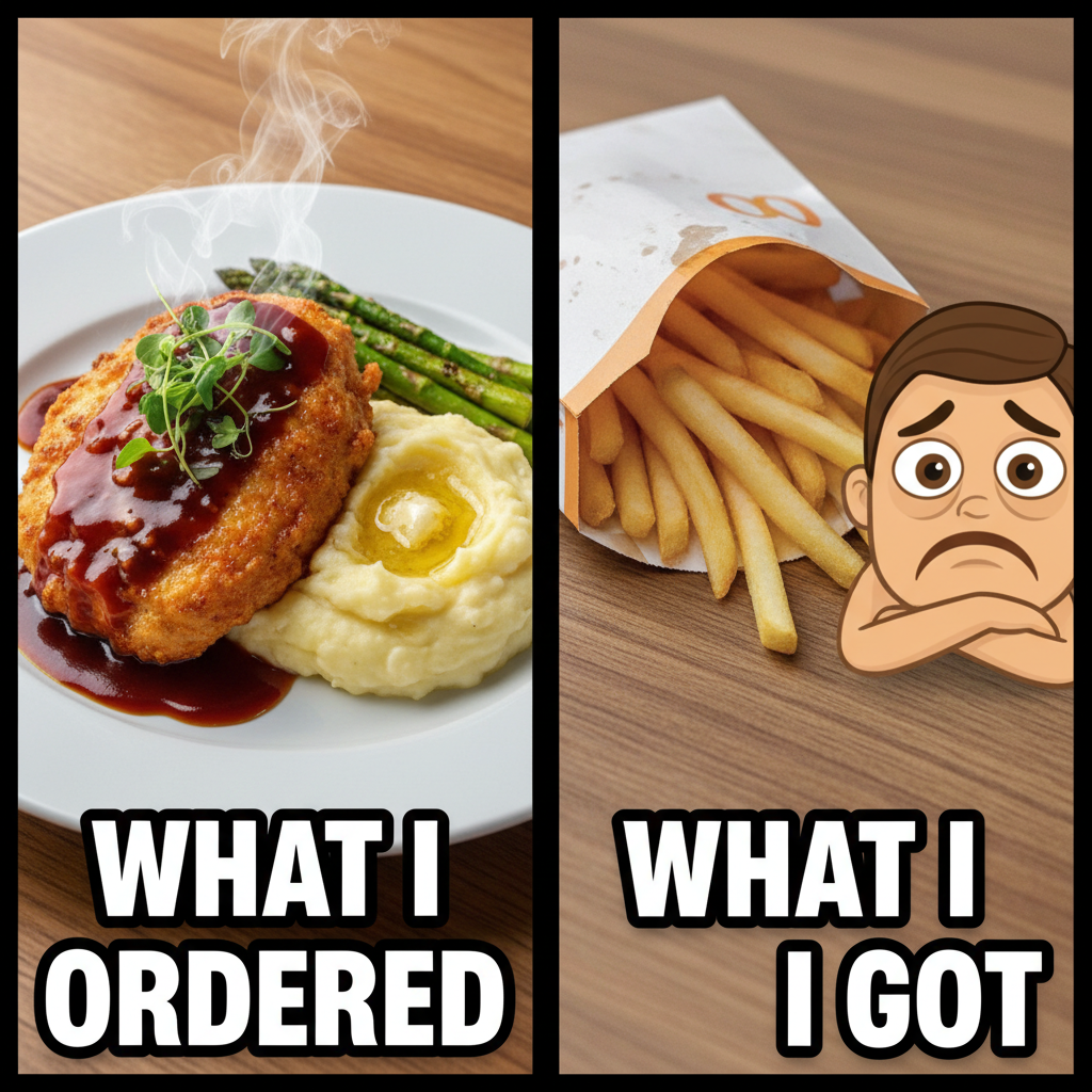 Food delivery expectations vs. the reality of my sad, cold fries.
