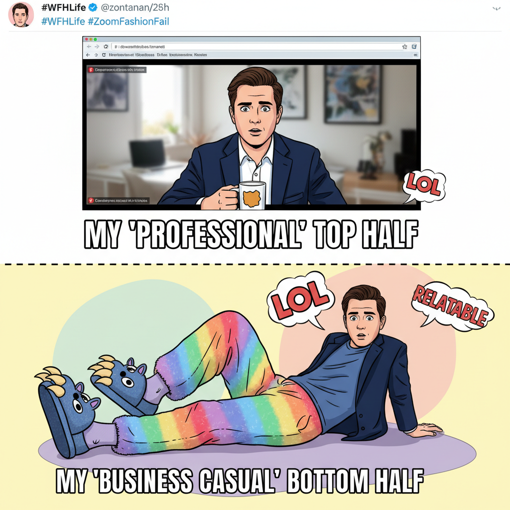 My 'work from home' outfit is 50% professional top, 50% pajama bottoms. The duality of man.