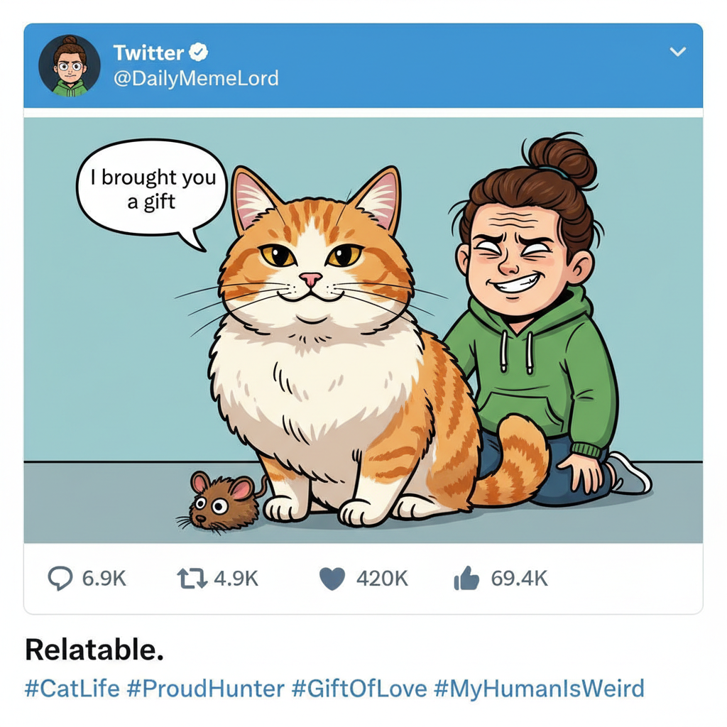 My cat just brought me a dead mouse. I'm grossed out but also proud? The duality of pet ownership.