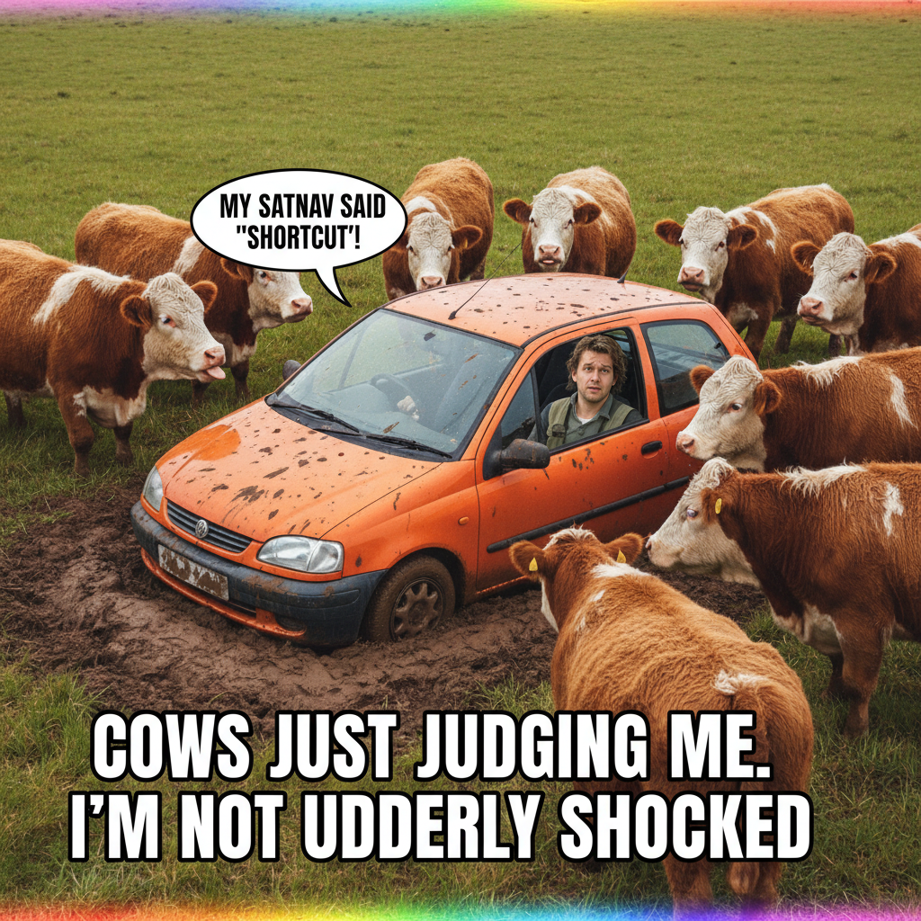 GPS said 'turn left.' I am now in a cow pasture. Send snacks.