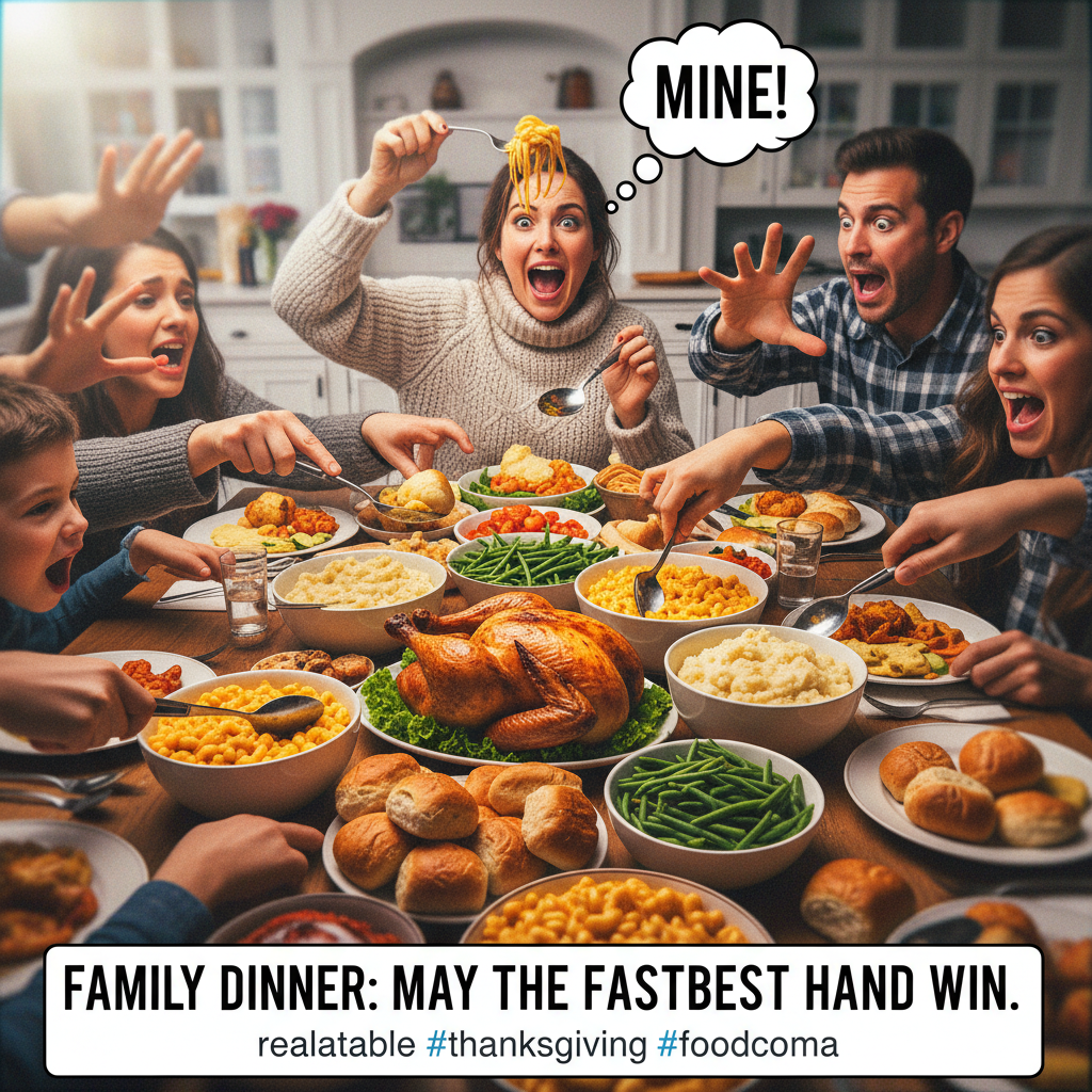 Holiday dinner: where 'pass the gravy' becomes a contact sport.