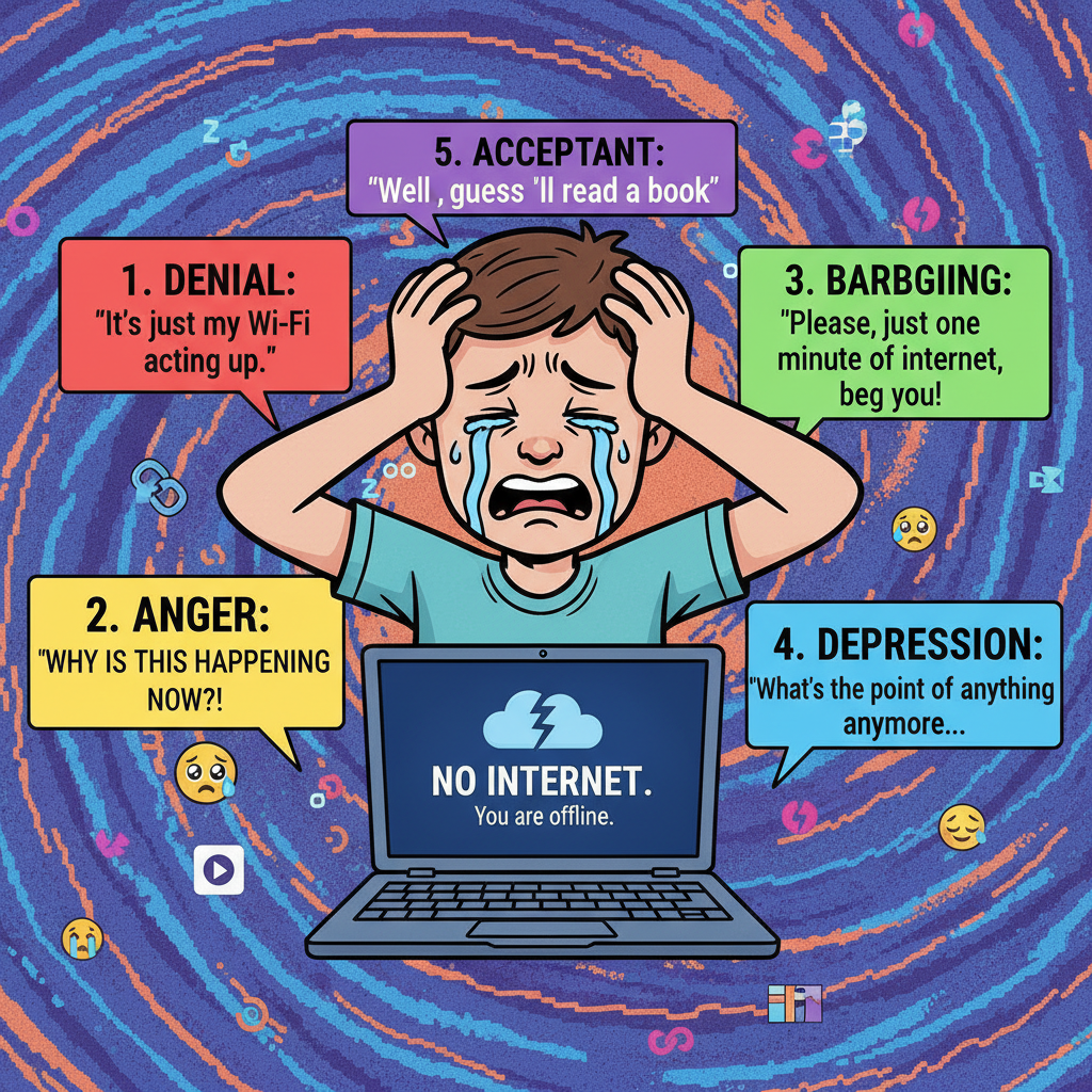 The 5 stages of grief when the WiFi goes down: Denial, Anger, Bargaining, Depression, Data Plan.