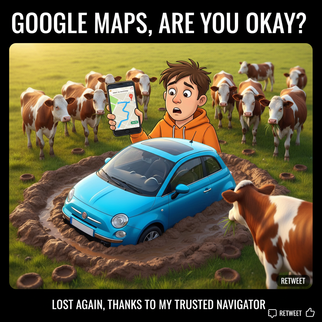 GPS said 'turn left.' We're now in a cow pasture. Send snacks.