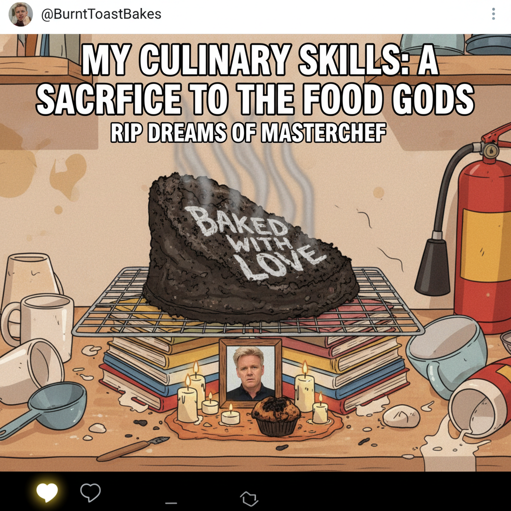 Attempted to make a 'simple' cake. It now resembles a burnt offering to the kitchen gods.