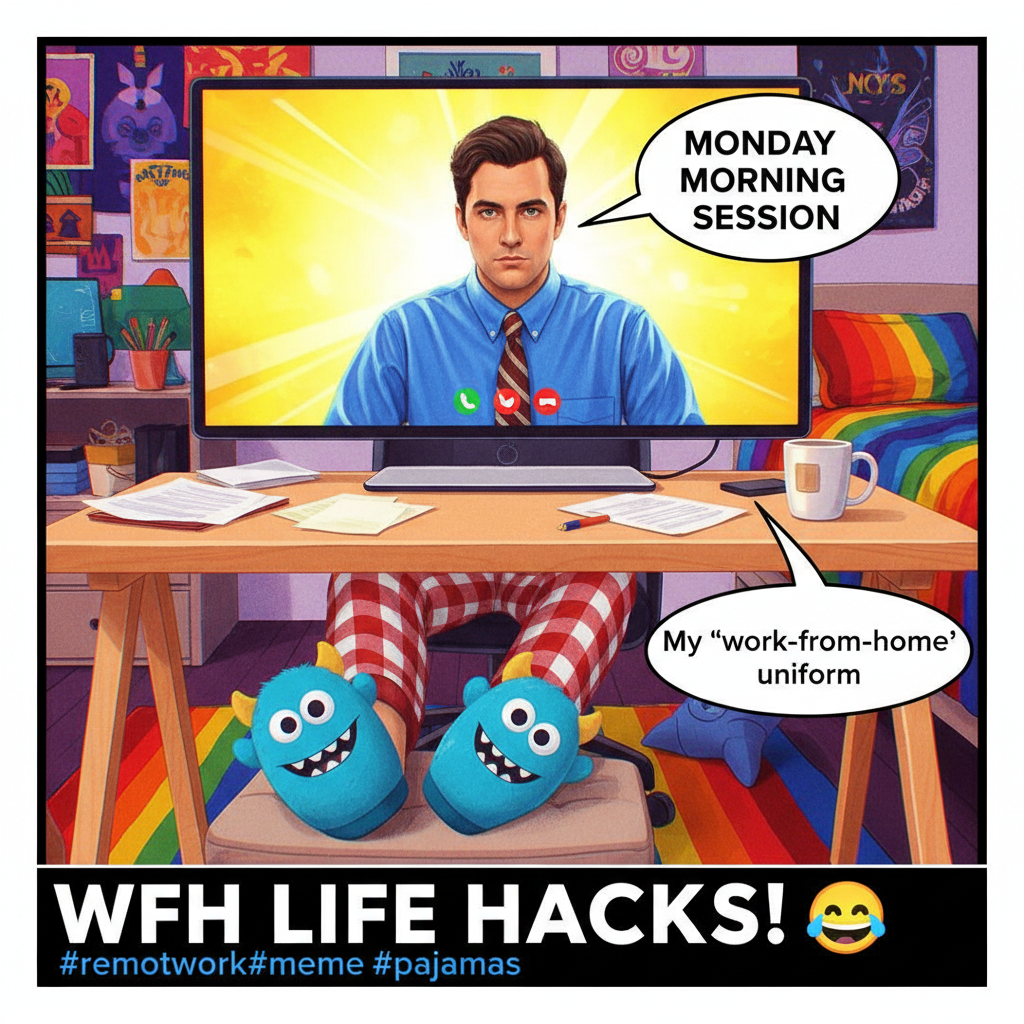 My WFH uniform: Business on top, pajama pants and fuzzy slippers on the bottom. 🤫