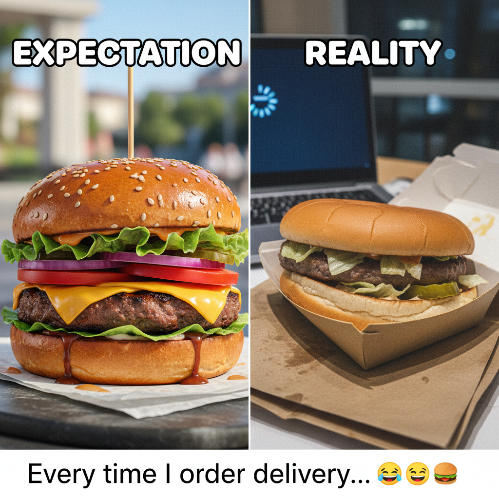 Ordered a gourmet burger, got a sad patty that looks like it lost a fight. #FoodDeliveryFail