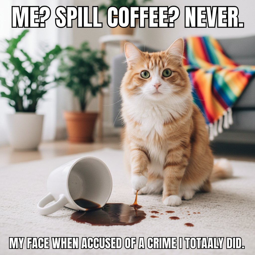 My cat just knocked over my coffee, then looked at me like *I* was the problem. 😼