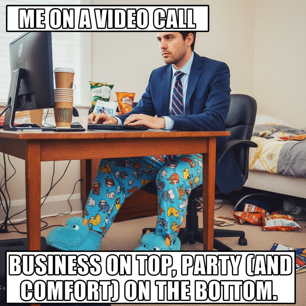 WFH dress code: Business on top, pajama party on the bottom. Always.