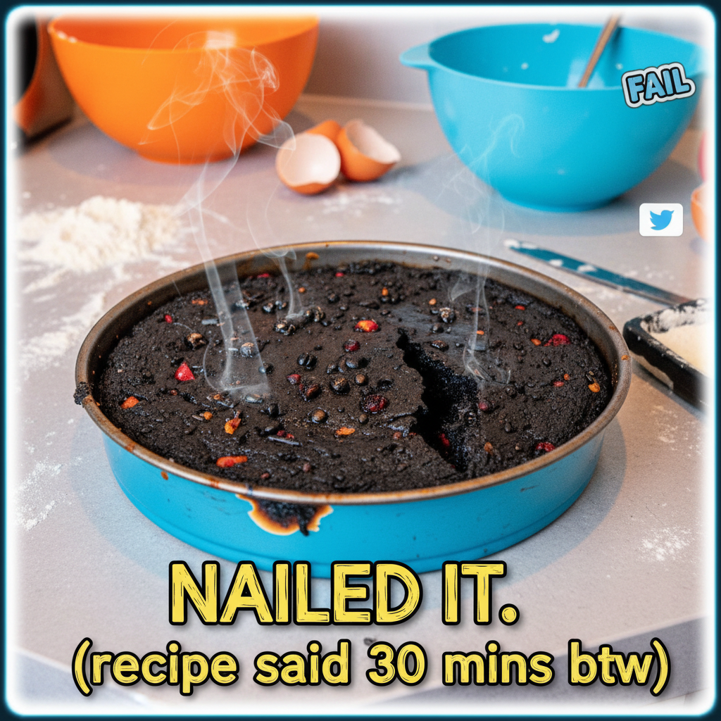 Tried to bake a cake, ended up with a charcoal briquette. Send help.