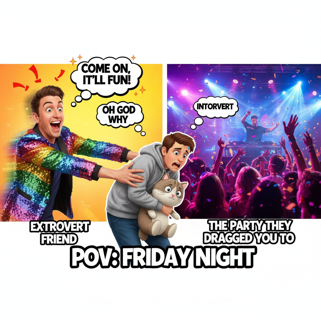 When the extrovert drags the introvert to a party. Send backup.