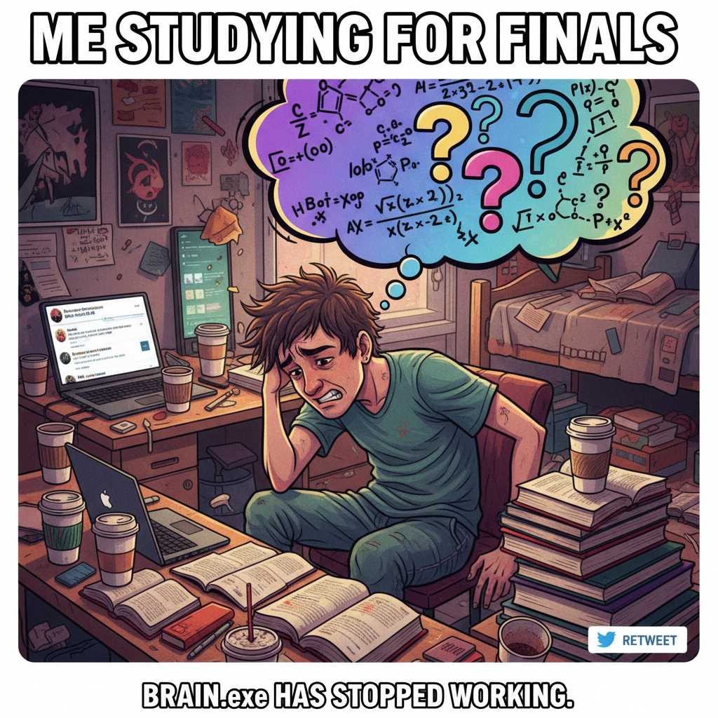 Exam season: My brain is 90% caffeine, 10% panic, 0% actual knowledge.