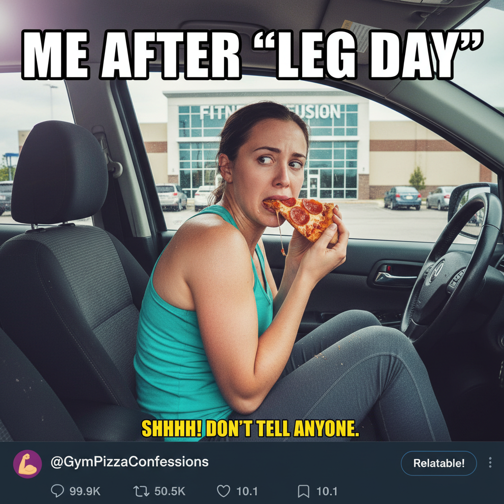 My 'gym buddy' just spotted me eating pizza in the parking lot. This is fine.