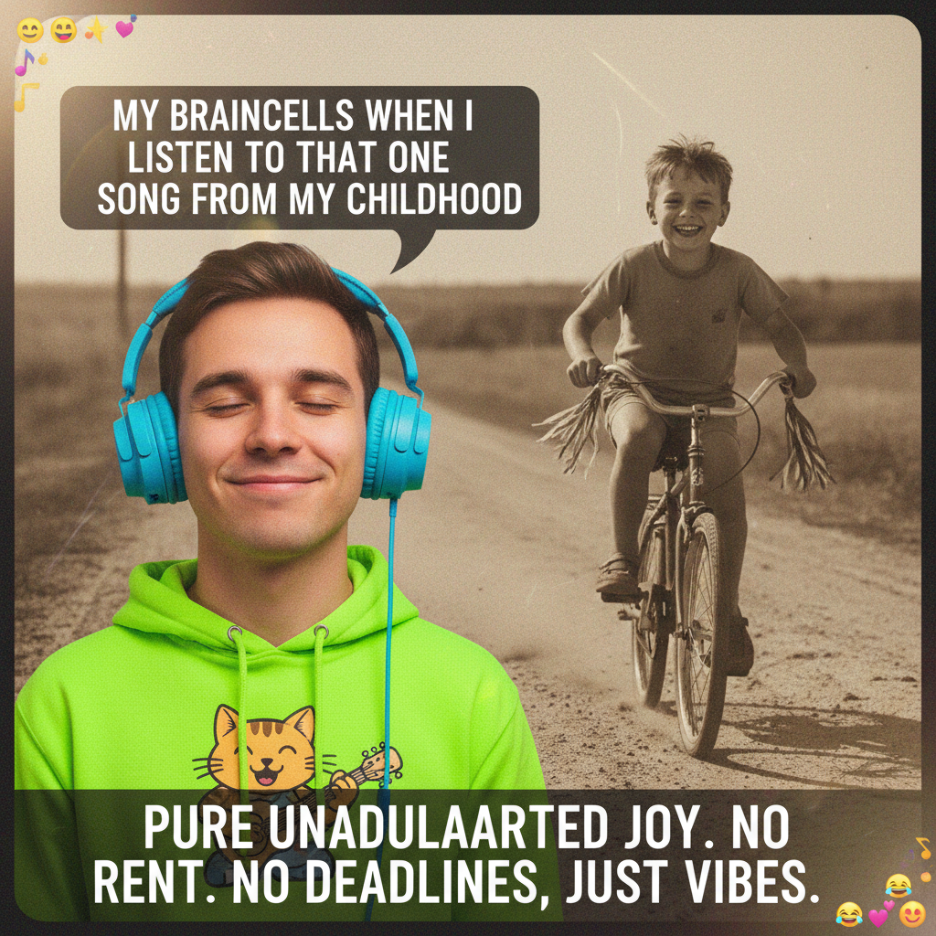 Heard that one song from my childhood and now I'm 8 again, riding my bike with no helmet.