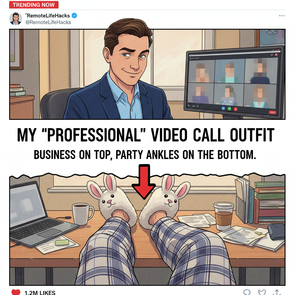 My 'work from home' outfit is 50% professional top, 50% pajama bottoms. Don't tell my boss. 🤫