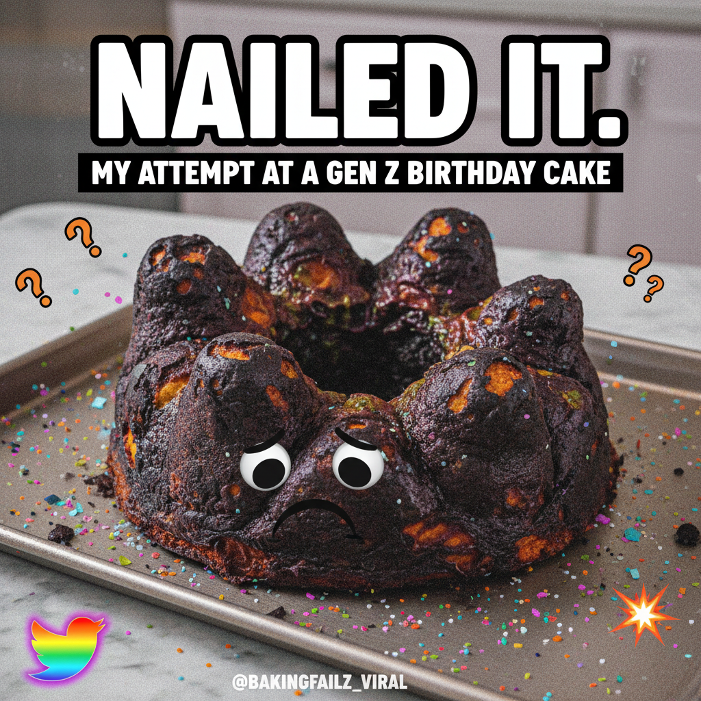 Attempted to bake a cake. It now looks like an alien landed in my kitchen. Send help.