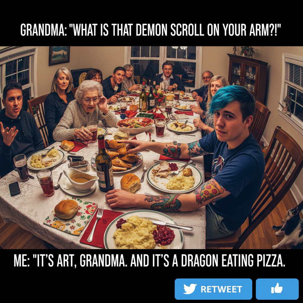 Grandma just asked if my tattoo was a 'temporary sticker.' Send wine.