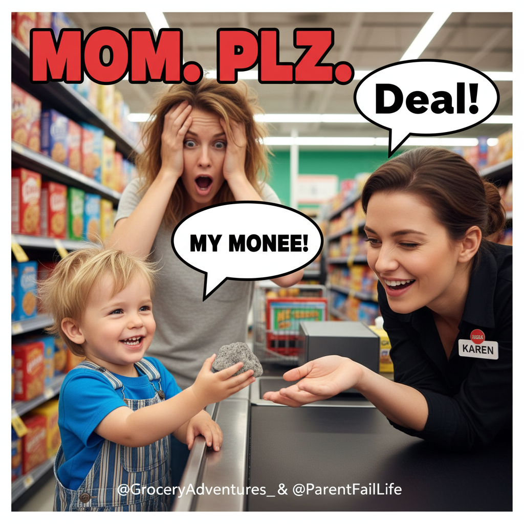 My toddler just tried to pay for groceries with a rock. Peak parenting.