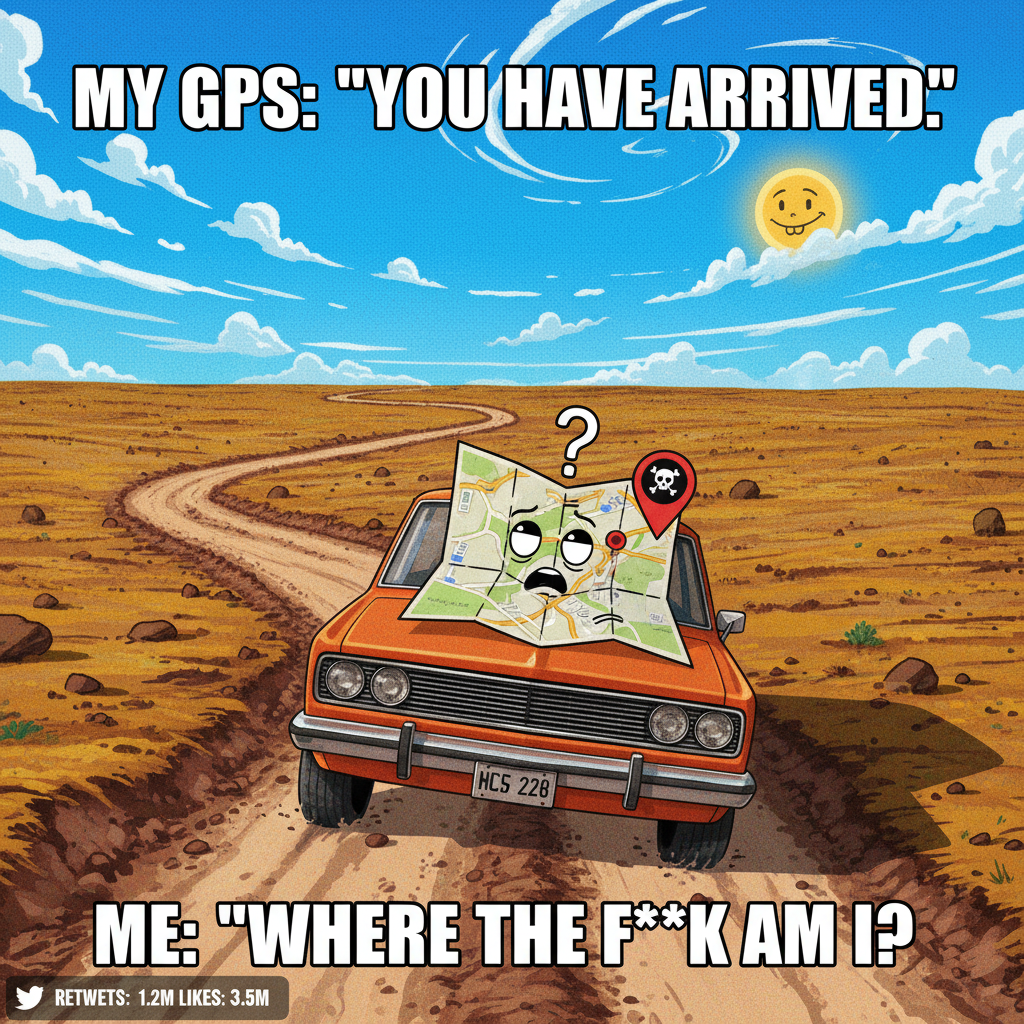 GPS said 'turn left in 50 feet.' We're now 3 states away. Send snacks.