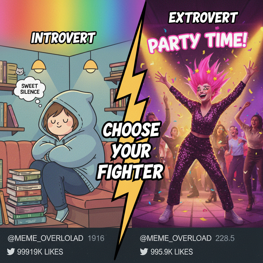 Introvert at a party: 'I just need 5 mins to recharge.' Extrovert: 'Let's take 5 shots!'