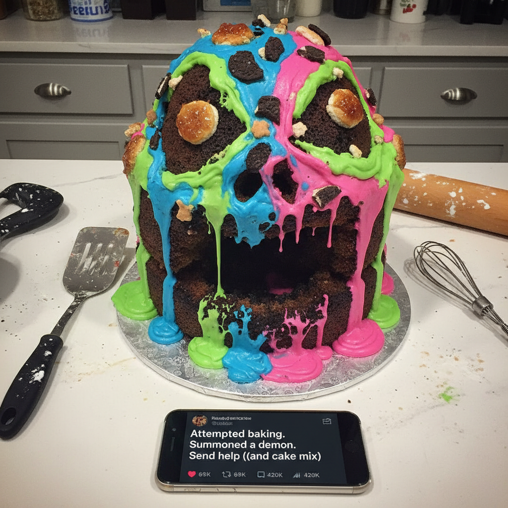 Attempted to make a 'simple' cake. It looks like a swamp monster. Send paramedics.