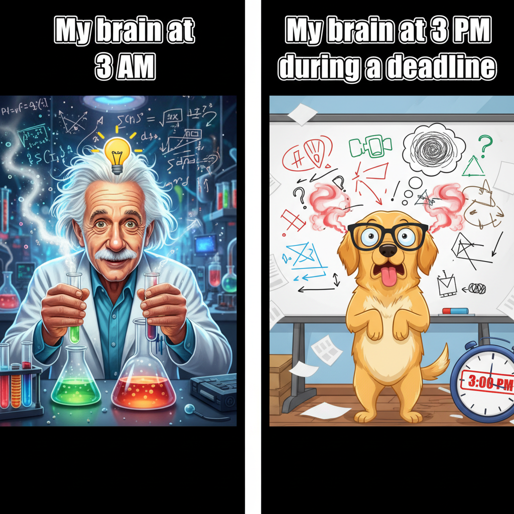 My brain at 3 AM vs. My brain at 3 PM during a deadline