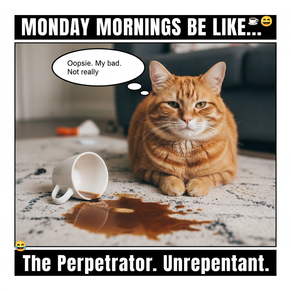 My cat just knocked my coffee over, then stared at me like *I* was the problem. Peak pet ownership.