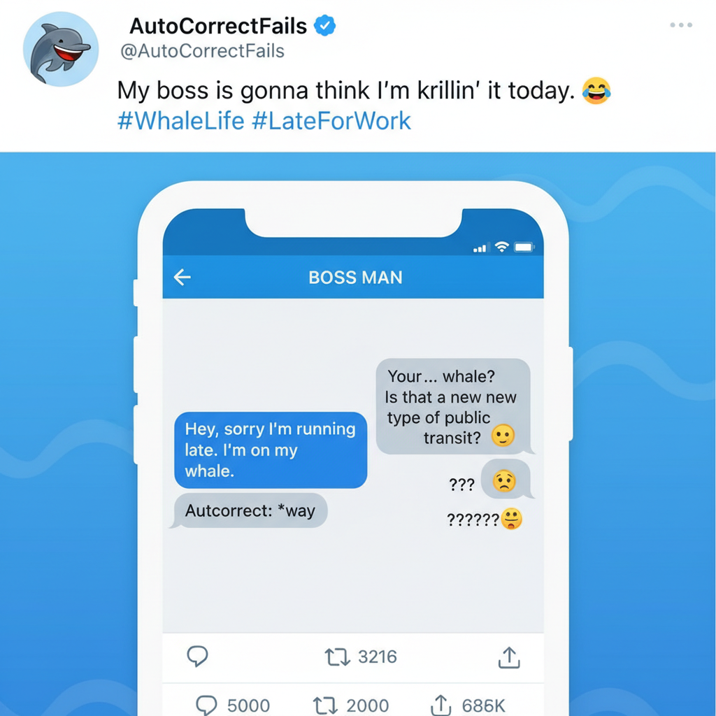 Autocorrect changed 'I'm on my way' to 'I'm on my whale'. My boss is confused.