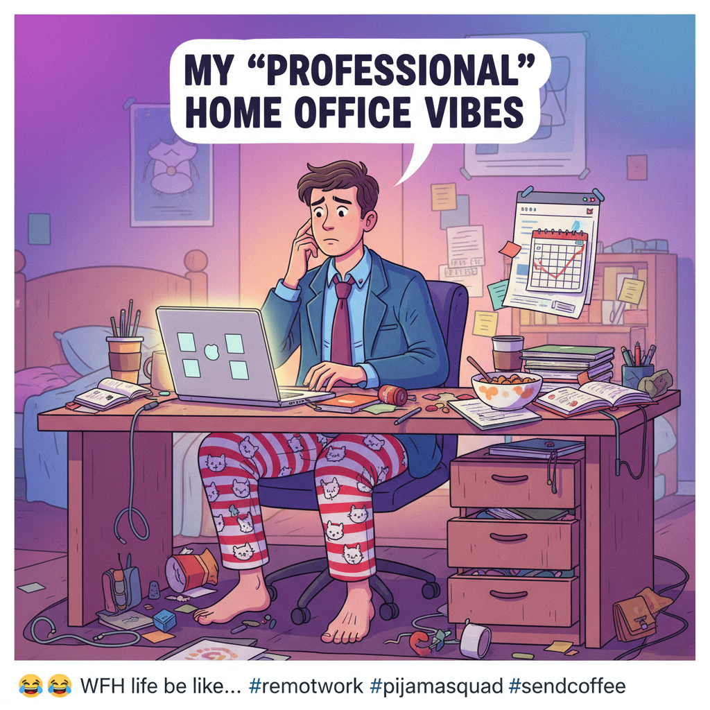 My WFH uniform is 50% pajamas, 50% existential dread. 100% productive? Maybe.