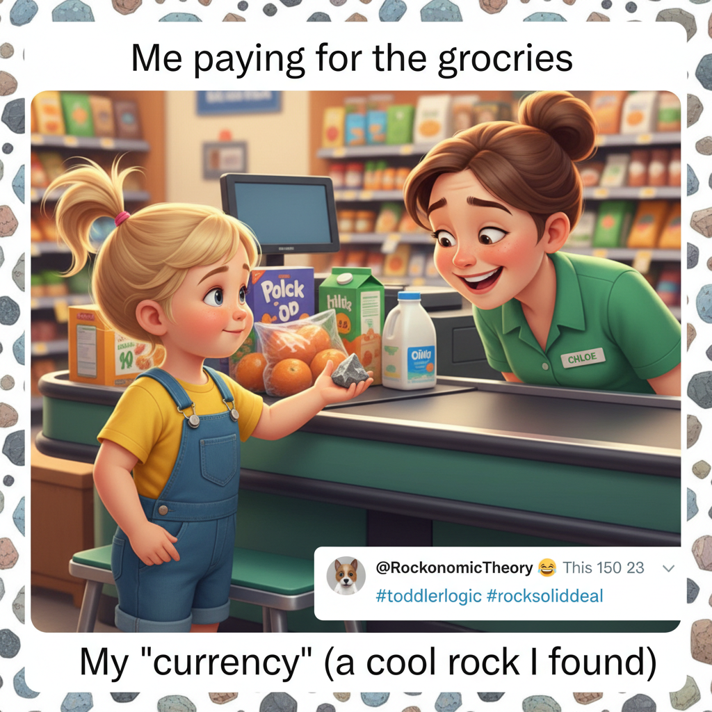 My toddler just tried to pay for groceries with a rock. Peak parenting.