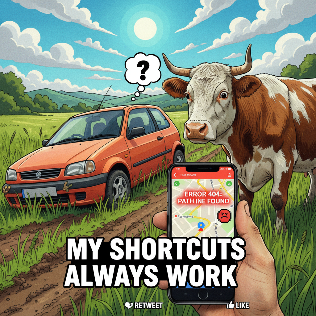 GPS said 'turn left'. I turned left. Now I'm in a field with a cow.