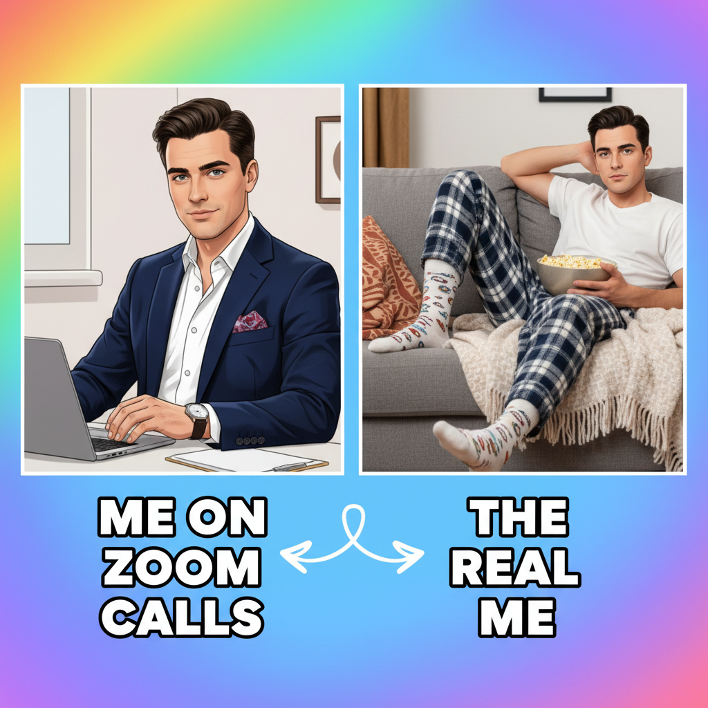 My 'professional' WFH outfit vs. my actual WFH outfit. It's a spectrum.