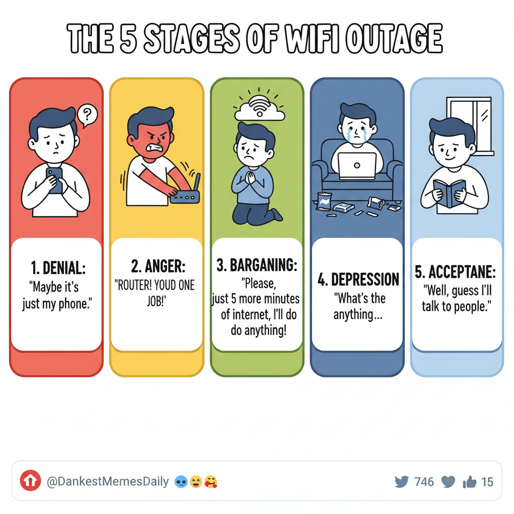 The 5 stages of grief when the WiFi goes down: Denial, Anger, Bargaining, Depression, Data Plan.