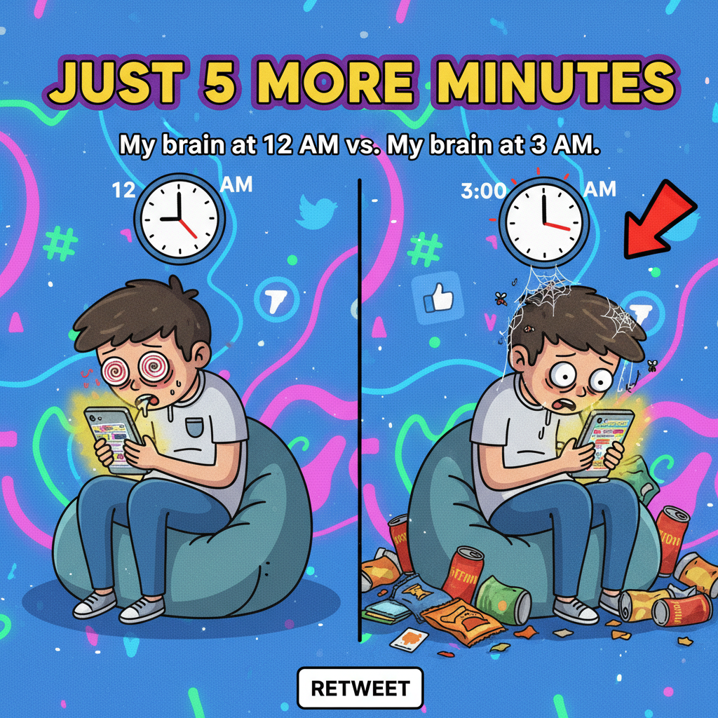 Me: 'I'll just check Twitter for 5 mins.' *Wakes up 3 hours later in a scroll coma*.