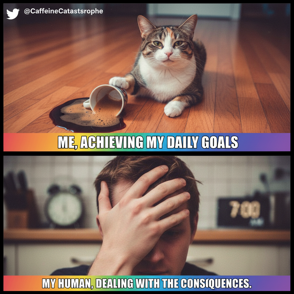 My cat just knocked my coffee off the table, stared me in the eye, and walked away. The audacity.